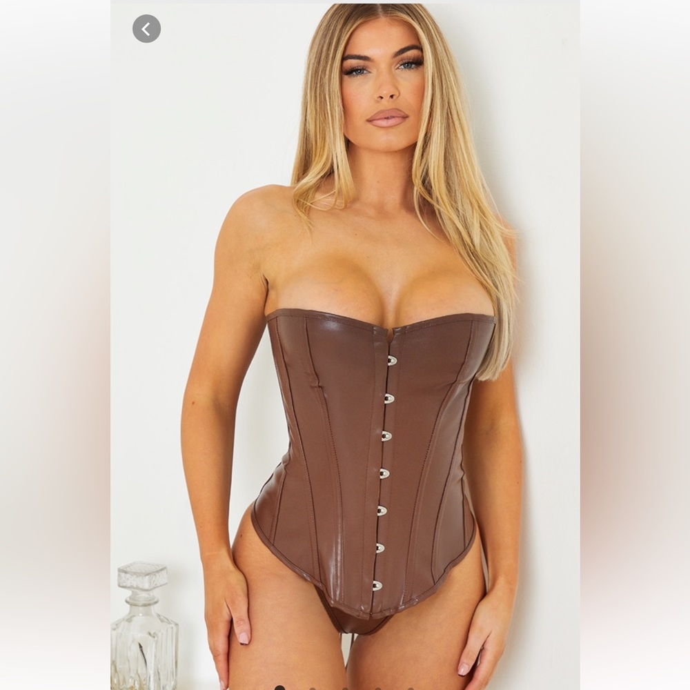 Chocolate faux leather front hook &eye corset